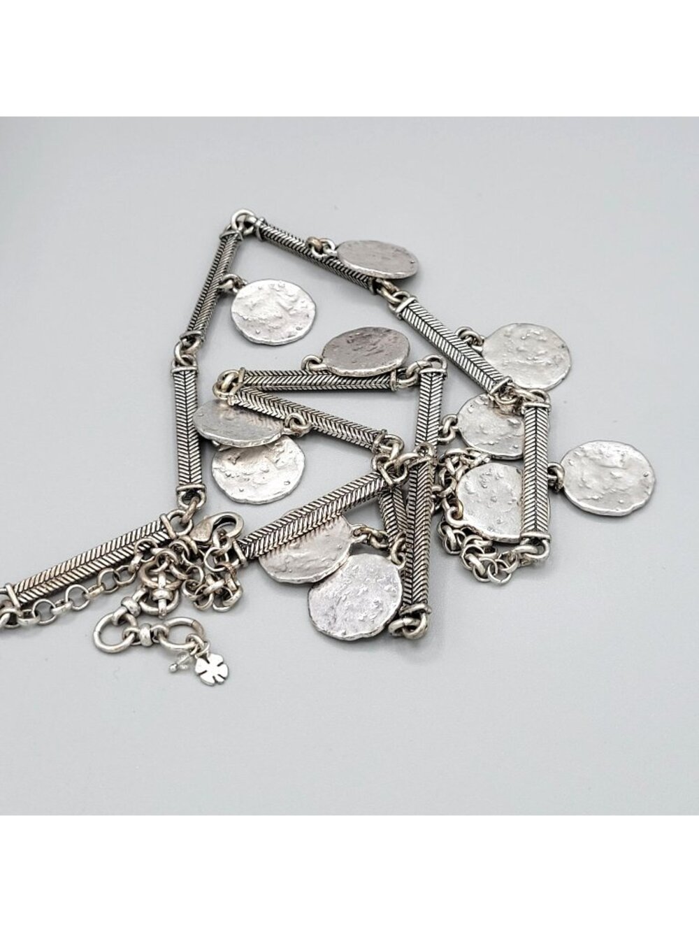 Lucky Brand Industrial Look Necklace With Hammered Coin Disks Silver Tone 26"